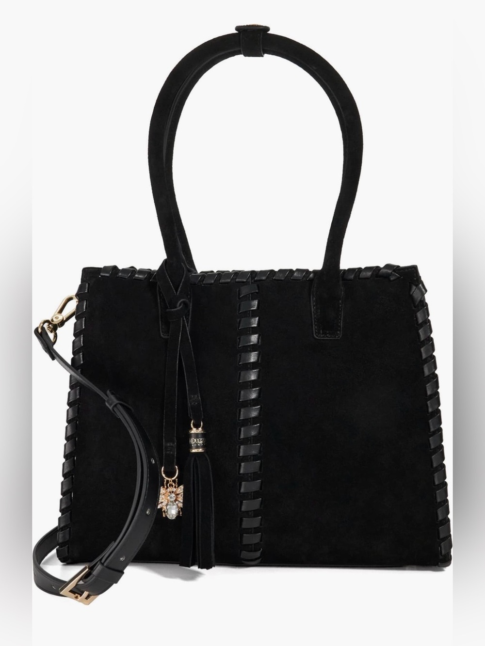 NEW Dune London Black Suede Whipstitch Shoulder Bag w/ Crossbody - Bee Charm